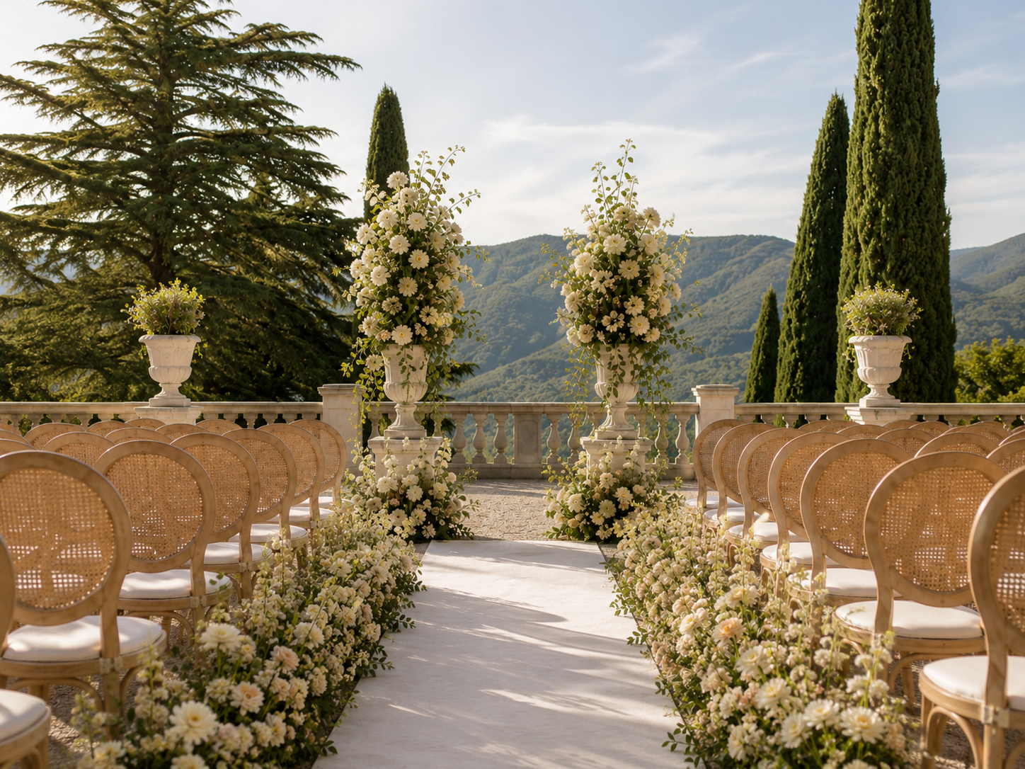 Elegant outdoor wedding ceremony with floral arrangements overlooking cypress hills