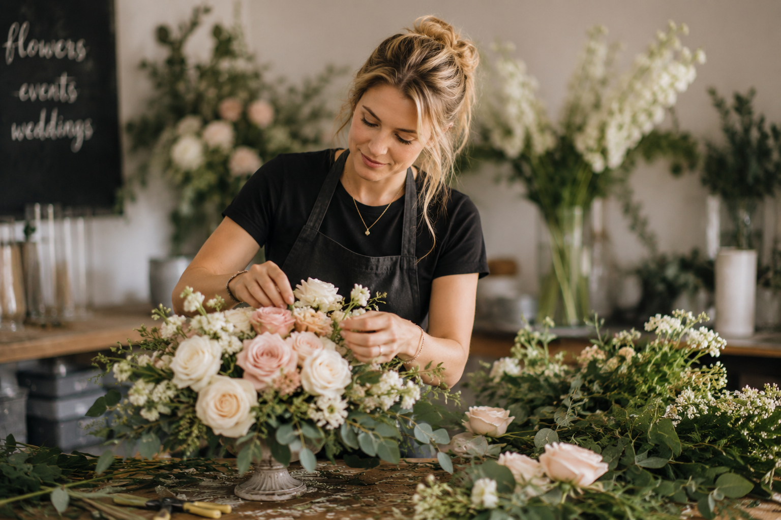 Wedding florist arranging a centerpiece in her studio